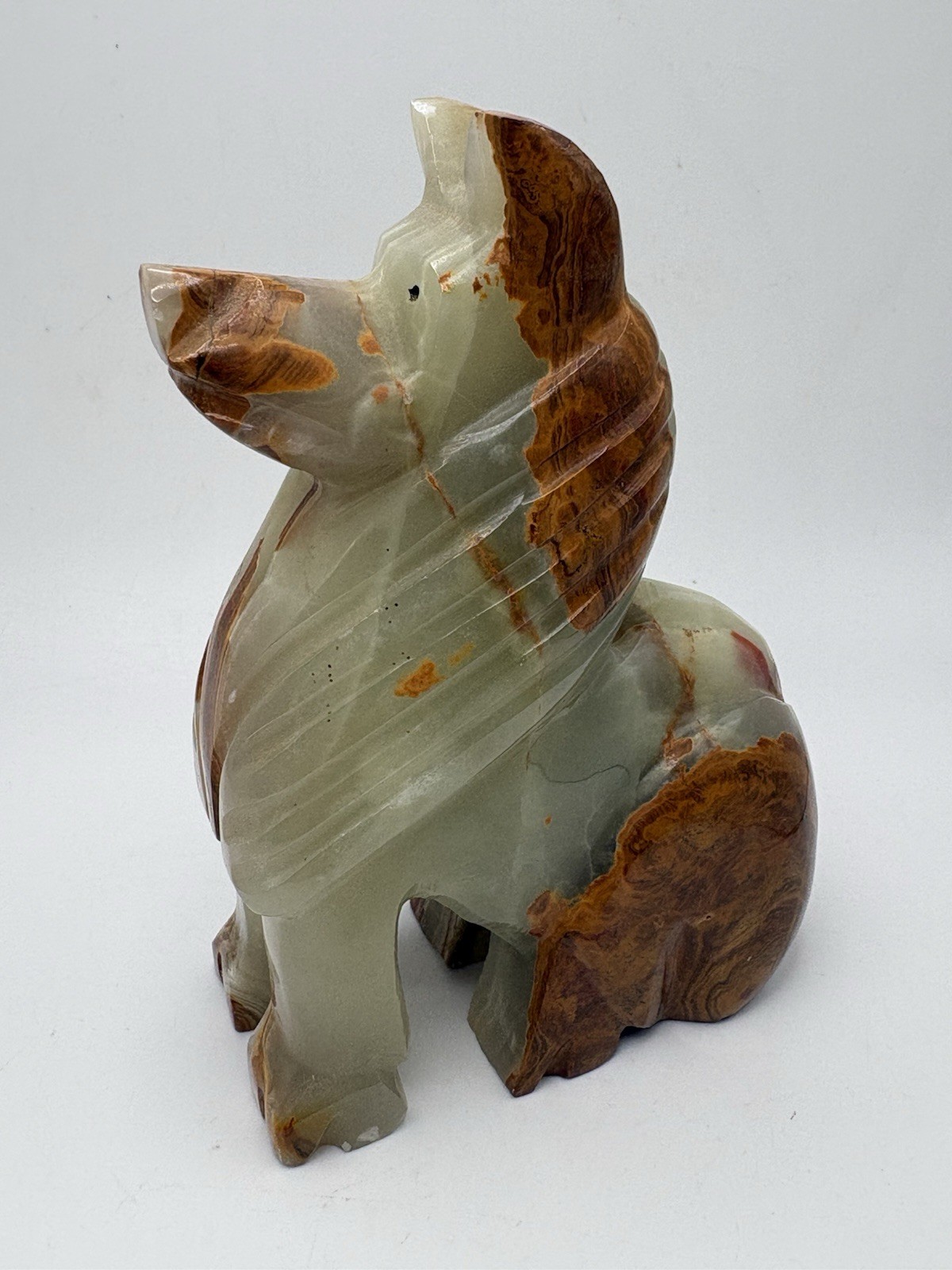 Vintage Carved Onyx Dog Collie Figurine Heavy 5.5 Inches Green Brown Mottled