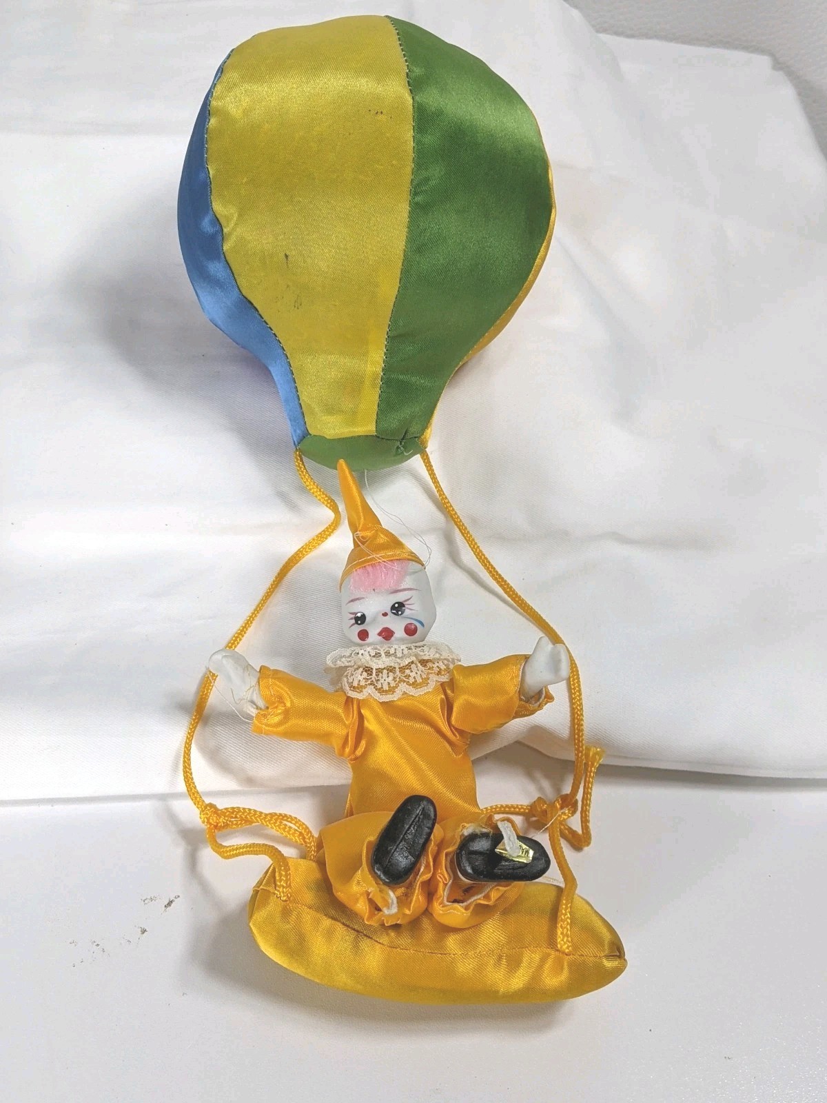 Bisque Hanging Clown Doll Rainbow Hot Air Balloon Poseable Arms Yellow Satin Vtg