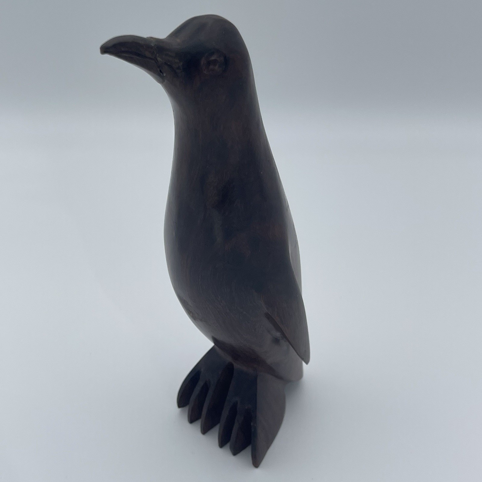 Hand-Carved Wooden Penguin Figurine Dark Wood Sculpture Rustic Decor