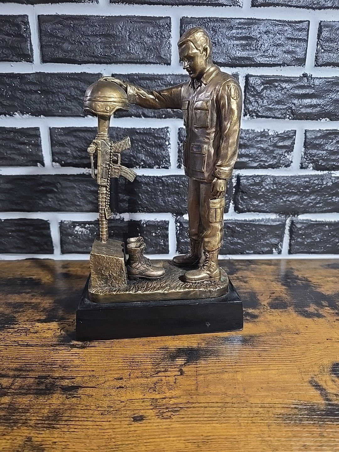 Bronze Military Memorial Figurine with Soldier, Helmet, Boots