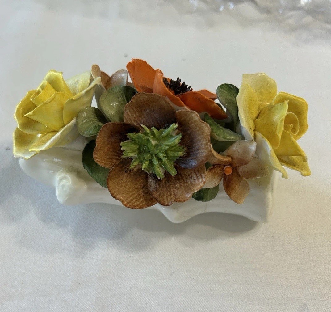 Floral Ceramic Figurine with Yellow and Brown Flowers