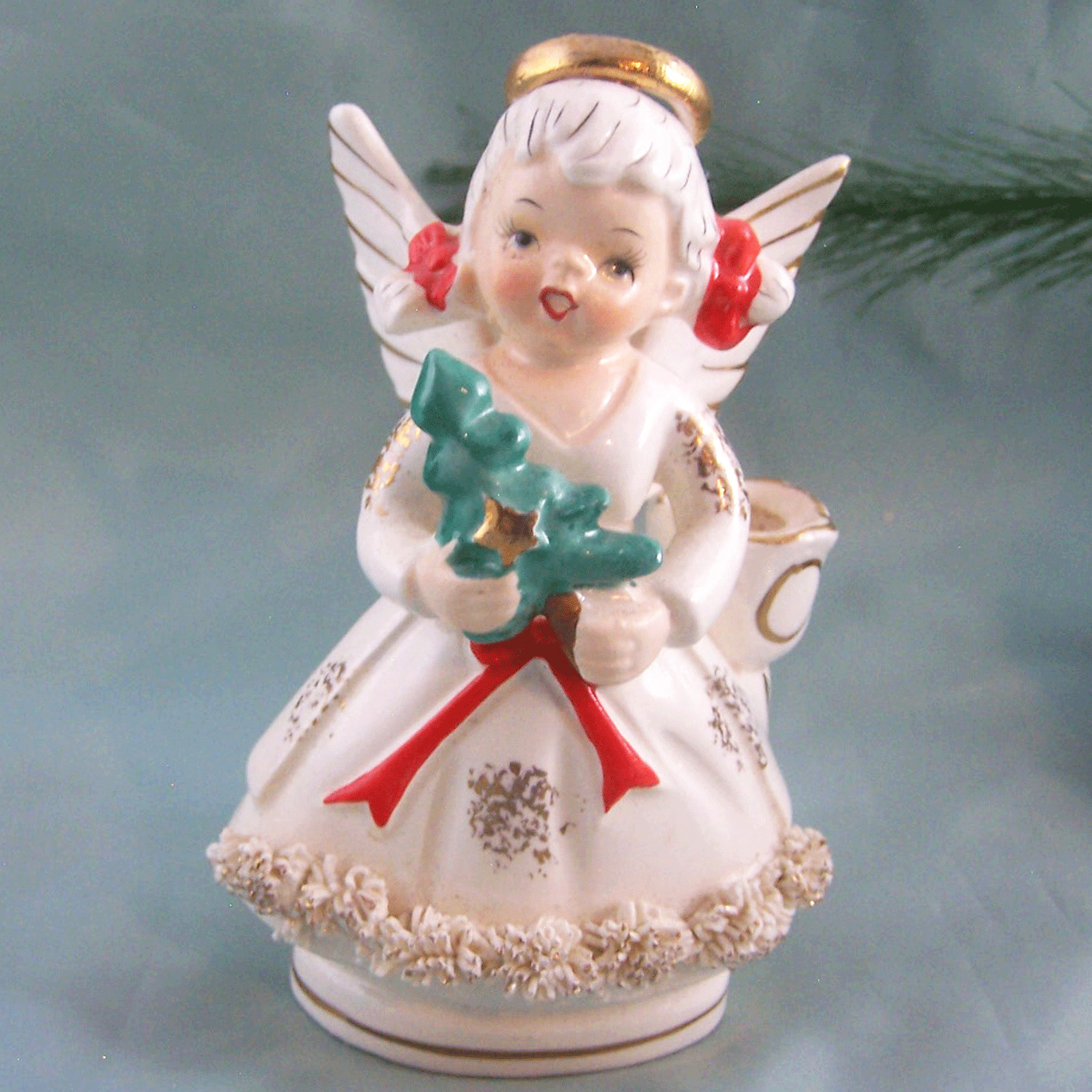 Vtg. Ucago Spegetti Angel 5″ w/ Christmas Tree and Star Figurine Candleholder