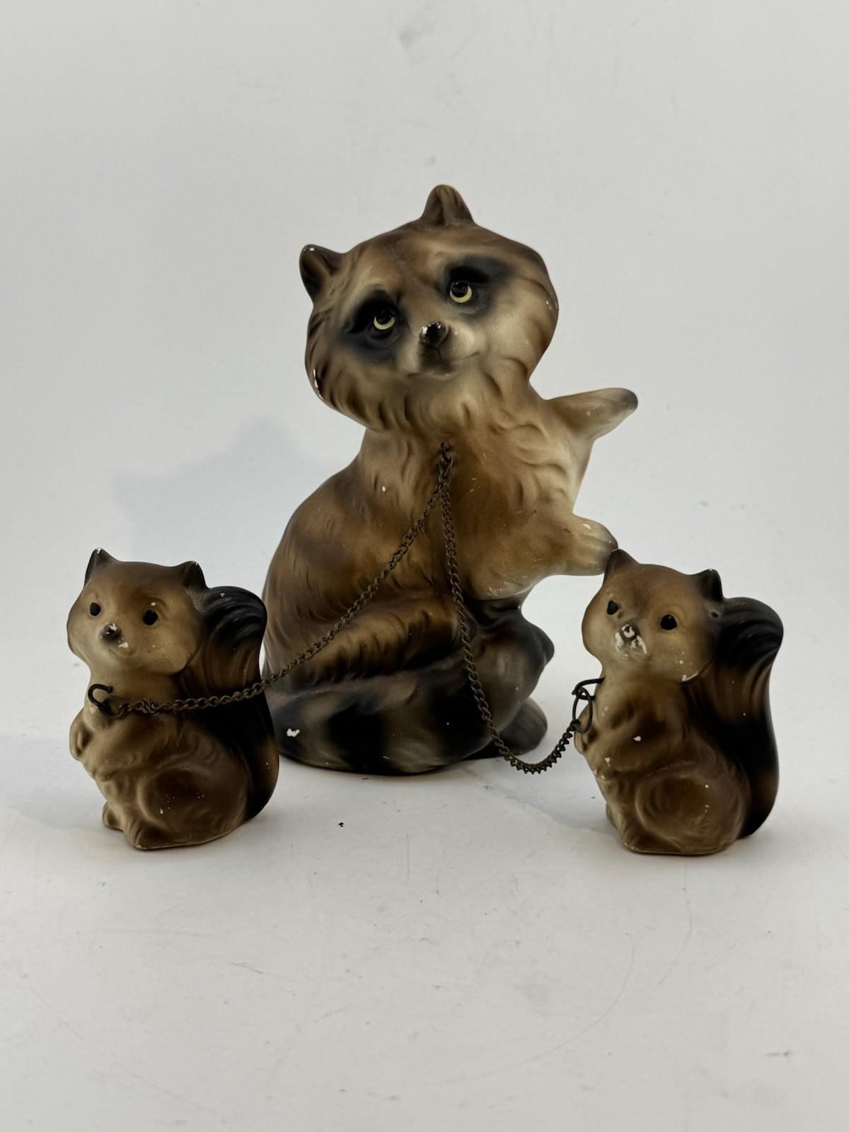 Vintage Japan Chained Raccoon Family Mother Babies Woodland Forest READ