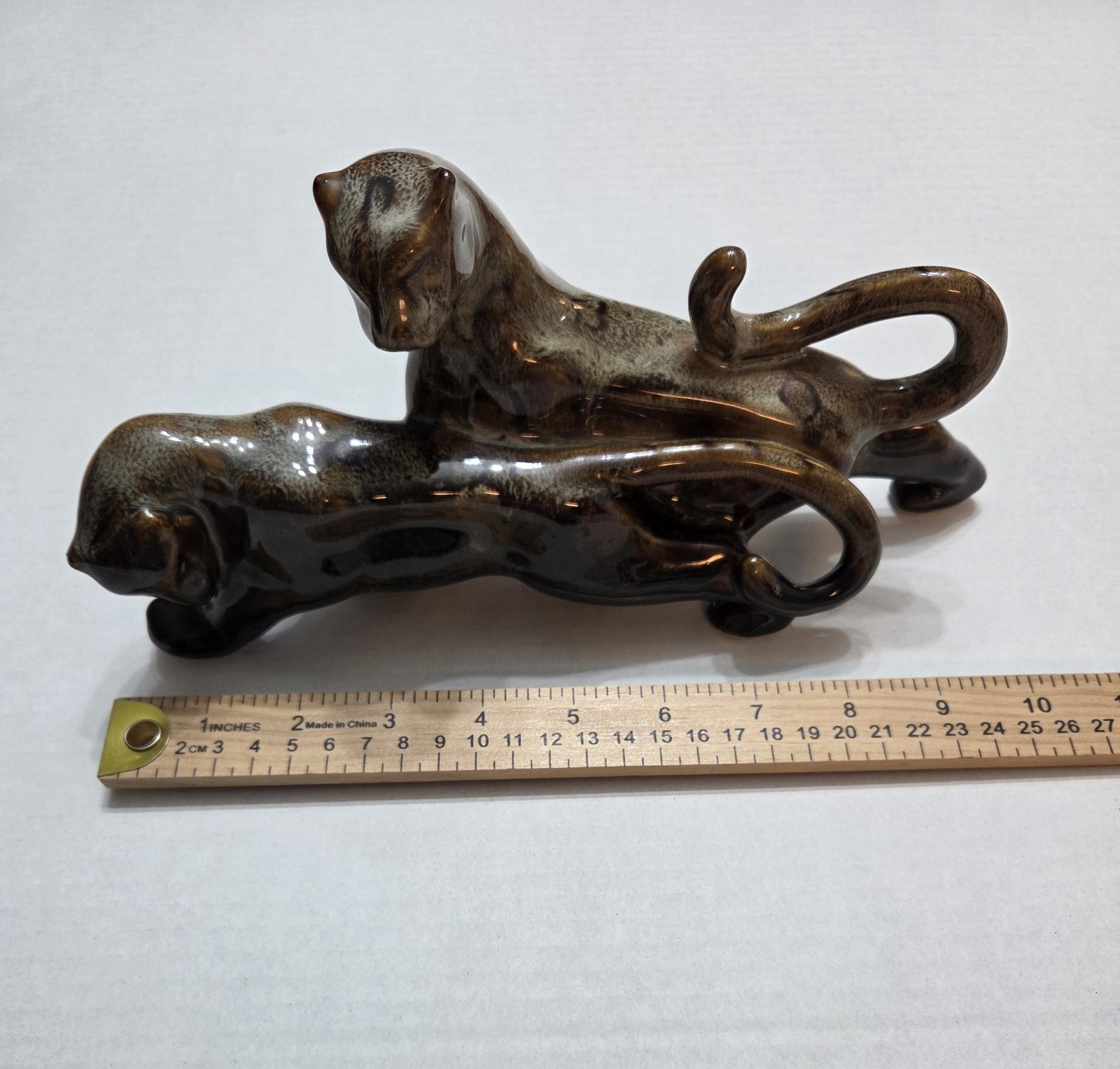 Vintage MCM Ceramic Leopards Panthers Tigers Hybrid Brown Swirl Glaze Big Cats