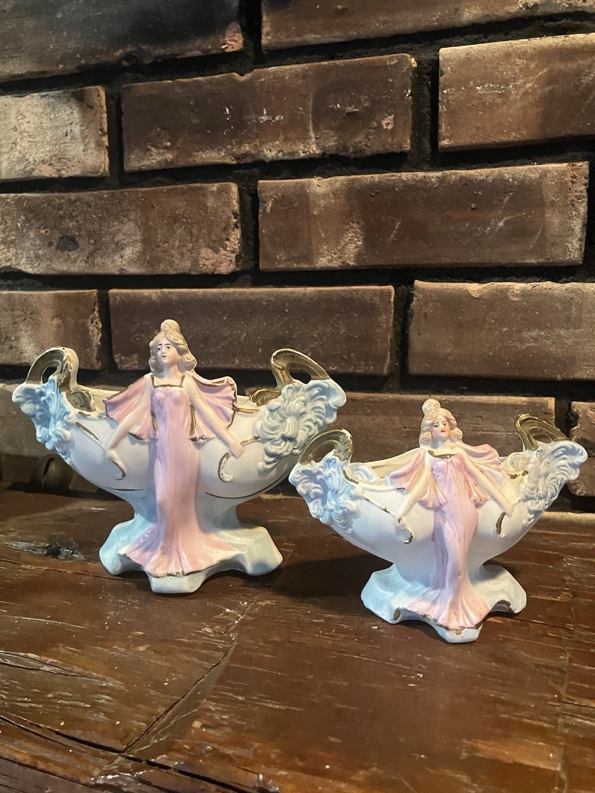 2 Vintage Antique German? Art Nouveau Bisque Porcelain Spill Vase