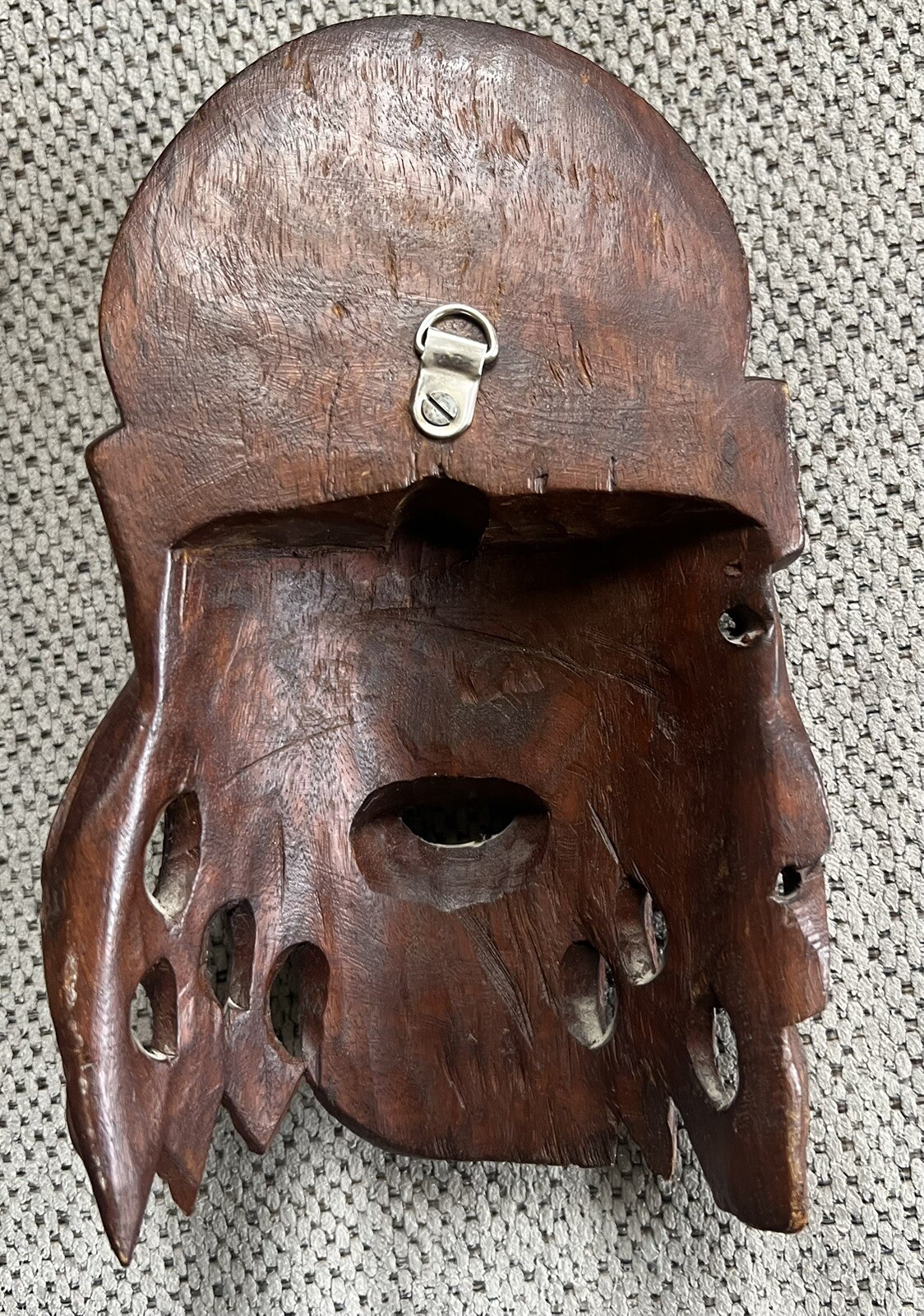 Vintage Carved Asian Wood Head Great Detail Glass Eyes Happy Man Wall Hanging