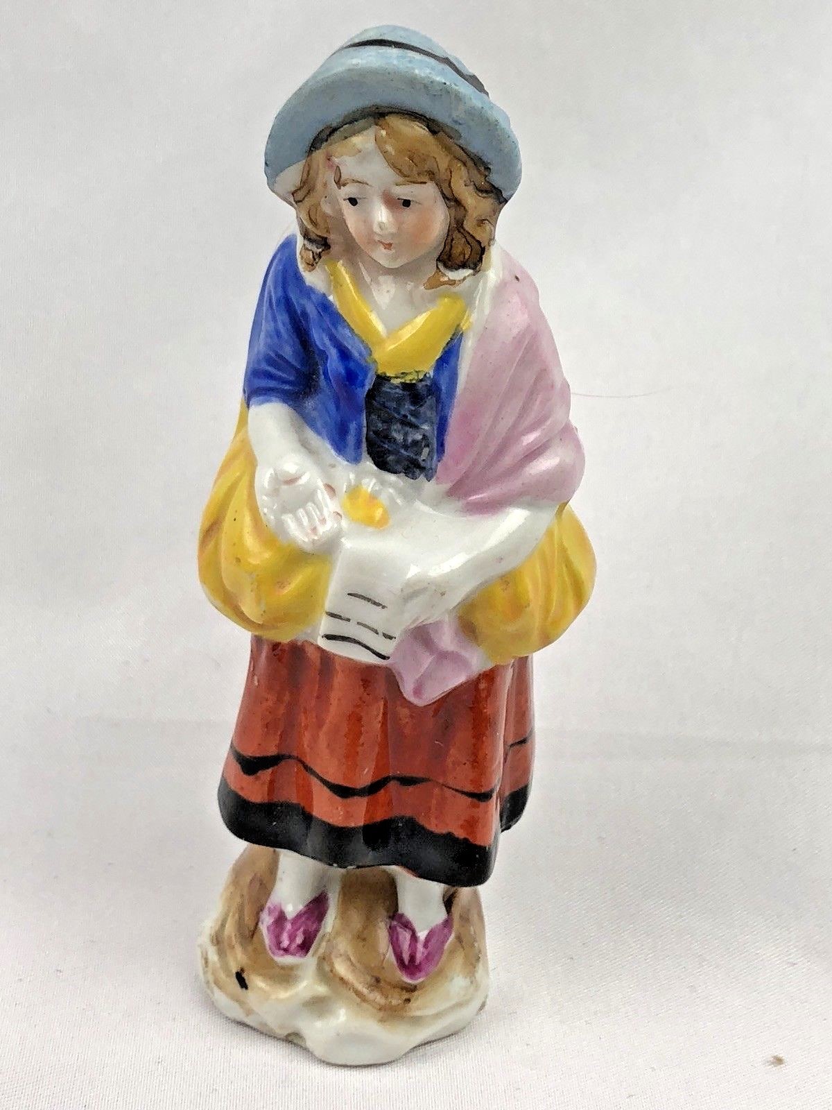 Vintage Peasant Woman Figurine with Blue Hat Figural Made In Japan