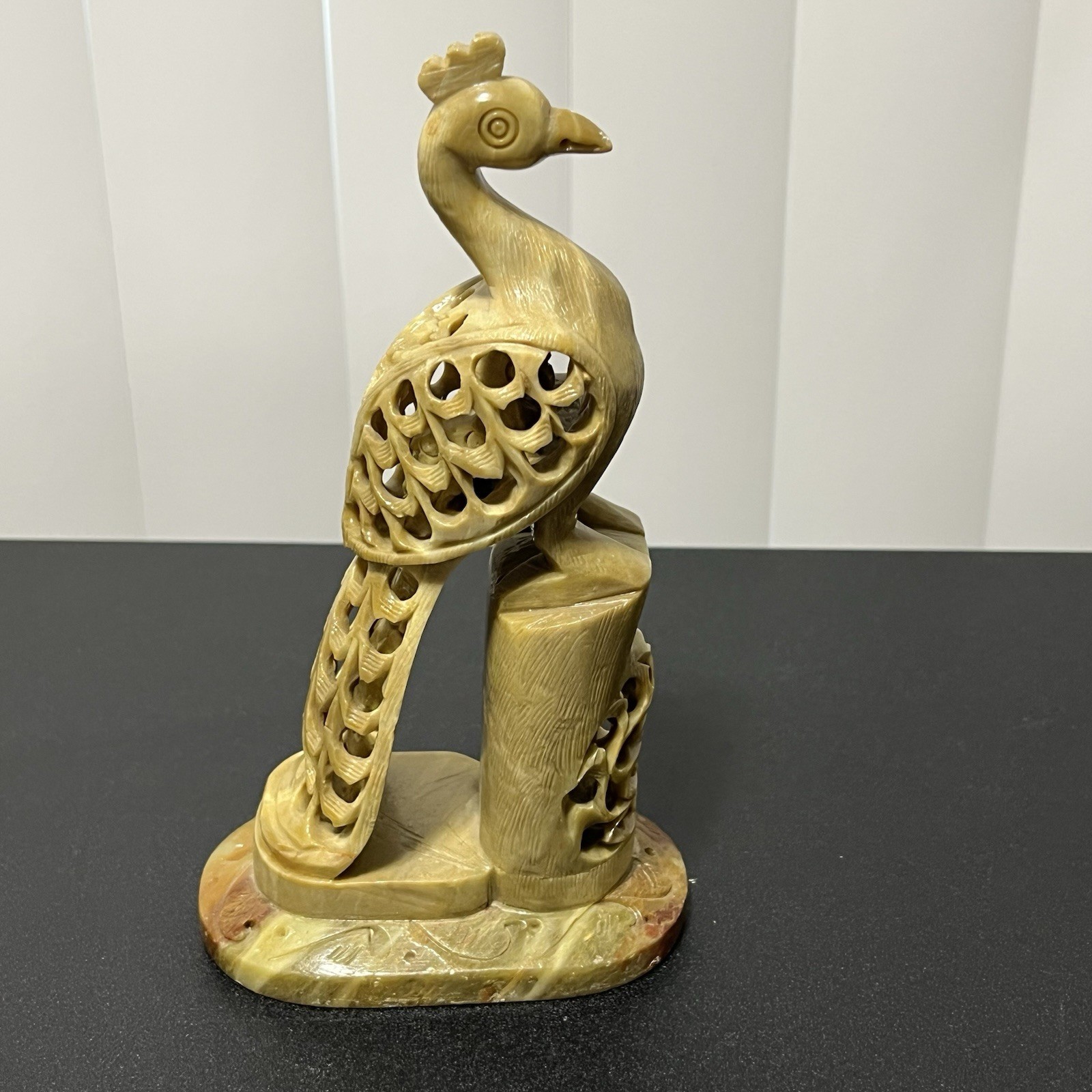 VTG Indian Hand Carved Green Soapstone Peacock Figure Baby Bird Inside Phoenix