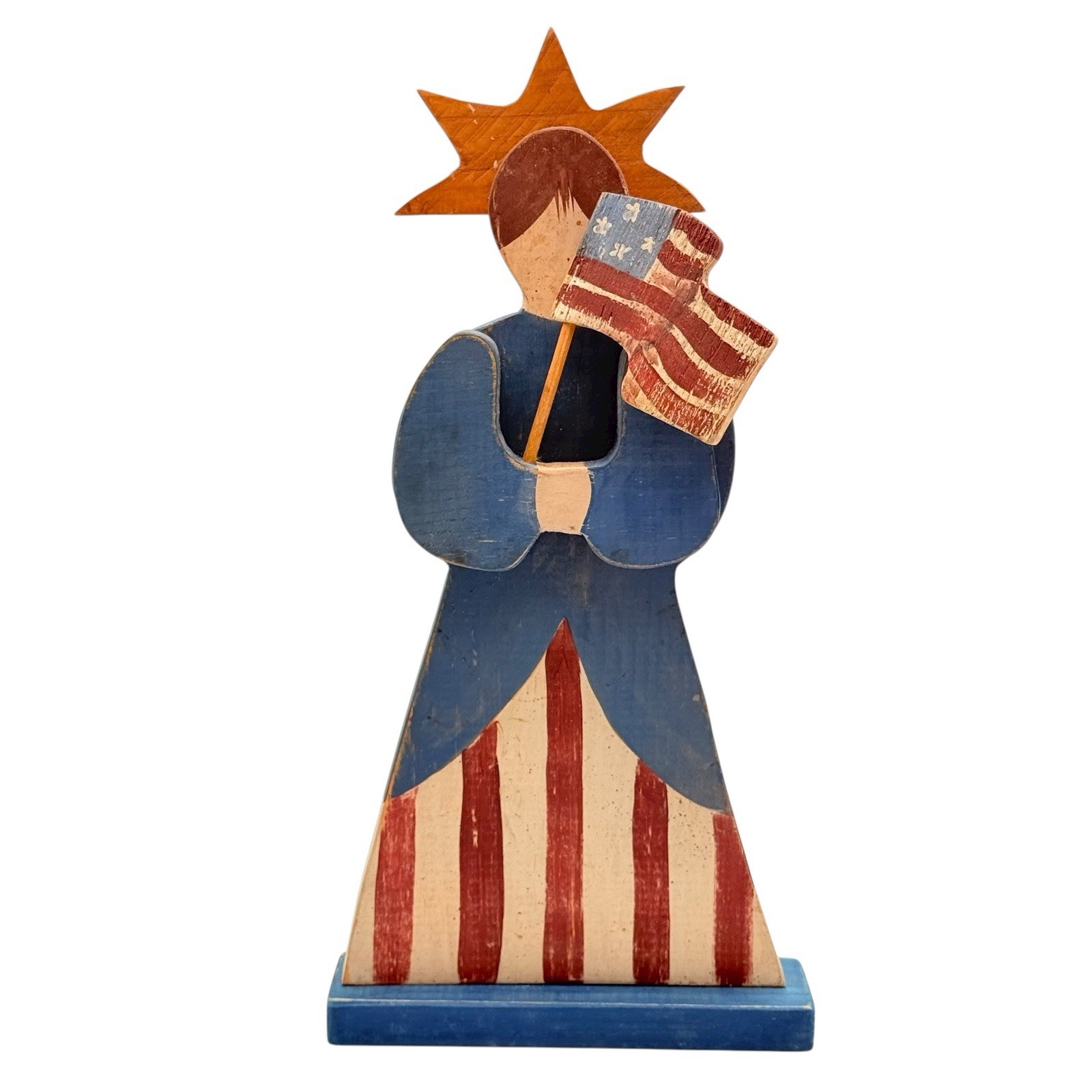 Vintage Artisan Folk Art Statue Of Liberty Wooden Figurine 15.75” Tall SIGNED