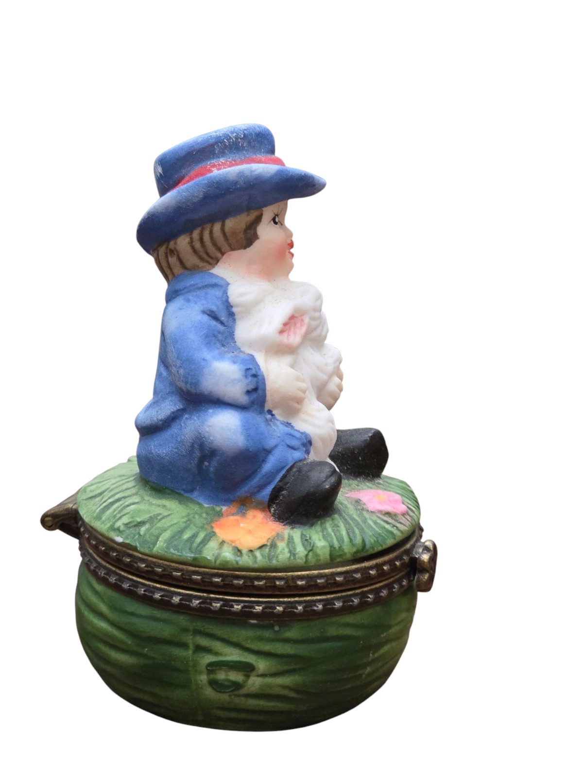 Vintage Porcelain Bisque Hinged Trinket Box Boy in Blue w/ White Rabbit Bunny