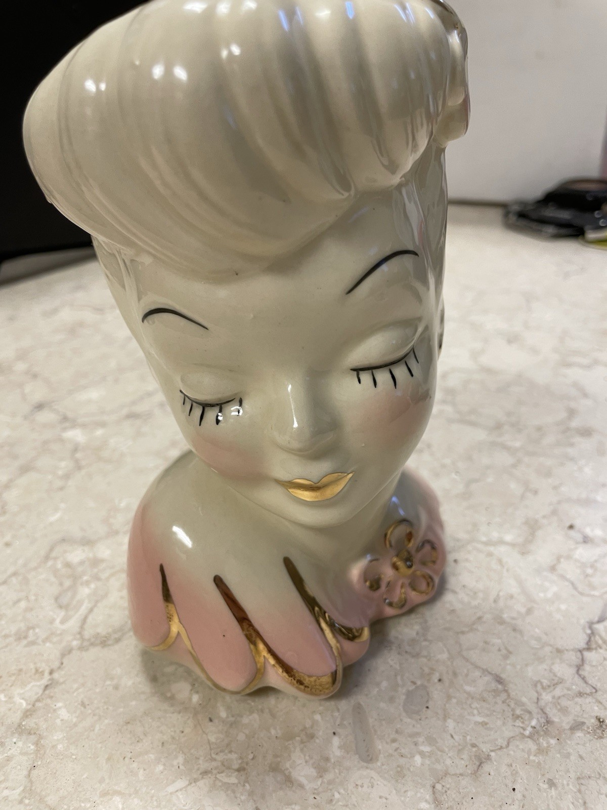 Ceramic “Glamour Girl” Figurine White Pink Gold Glossy Finish Gold Trim
