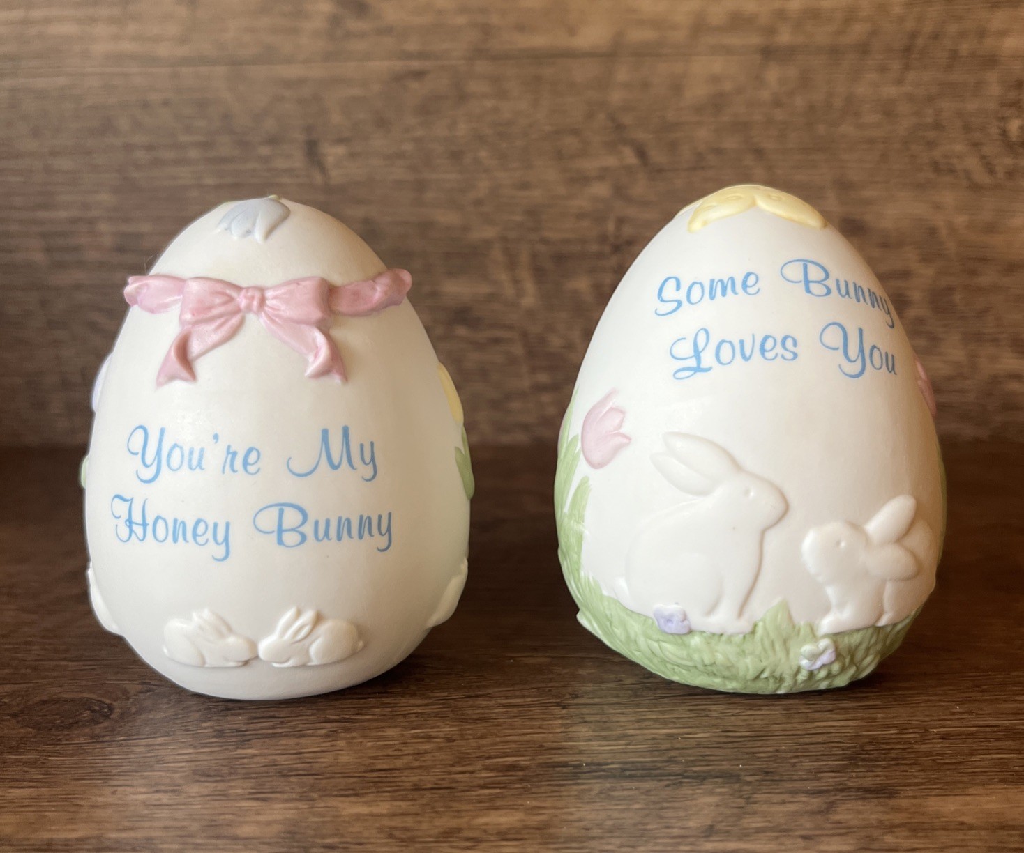 VTG RUSS Porcelain Easter Eggs I LOVE YOU & YOU’RE MY HONEY BUNNY Collectible