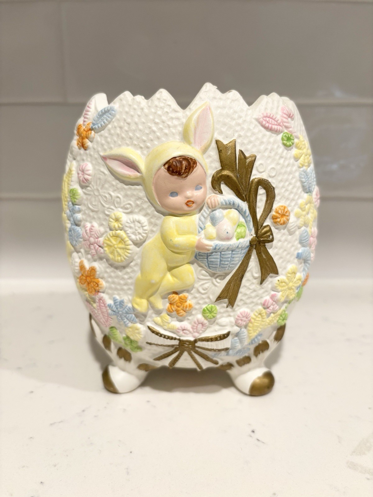 Vintage Napcoware Footed Easter Egg Planter Vase Bunny Rabbit Suit Pajamas Rare