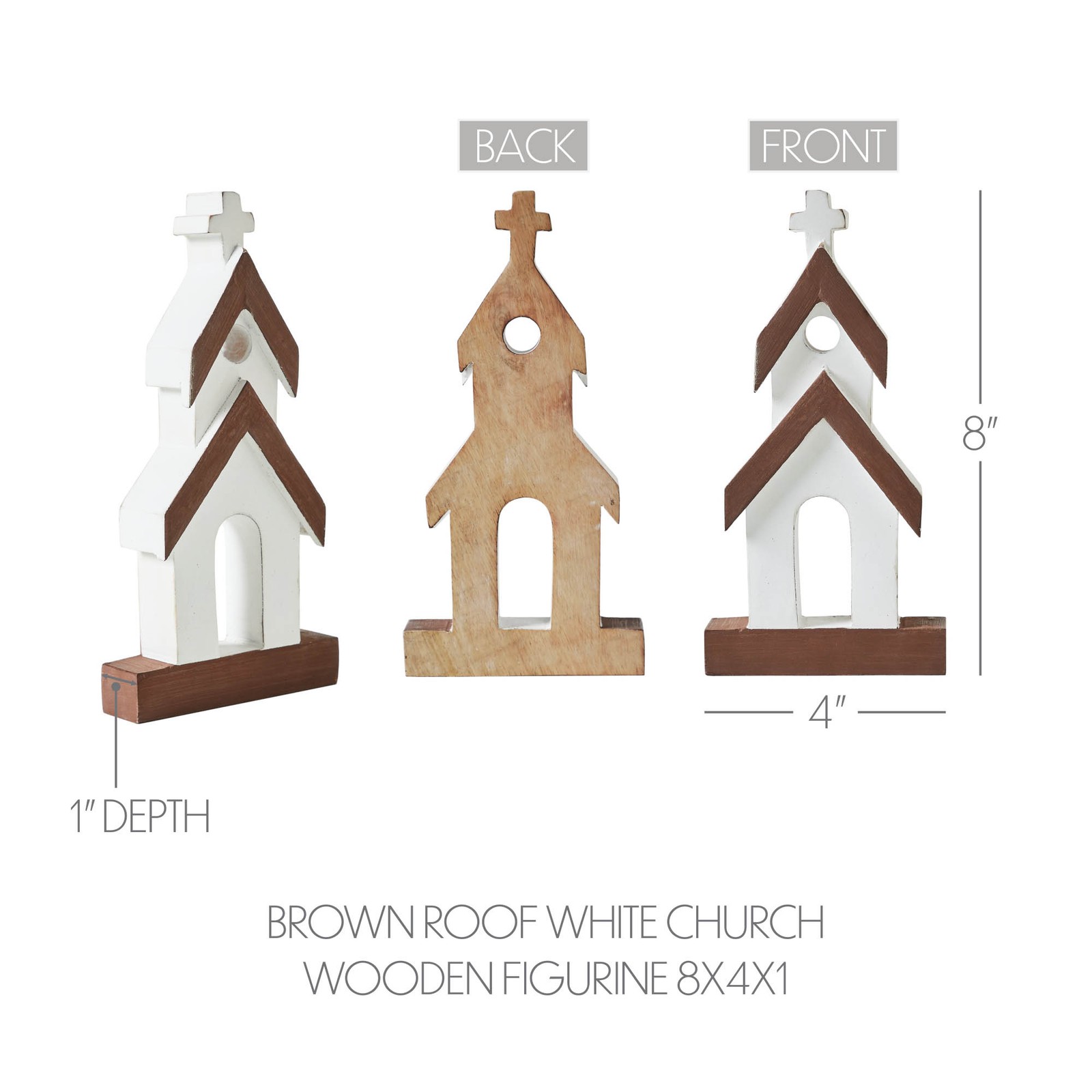 Brown Roof White Church Wooden Figurine 8x4x1 VHC Brands