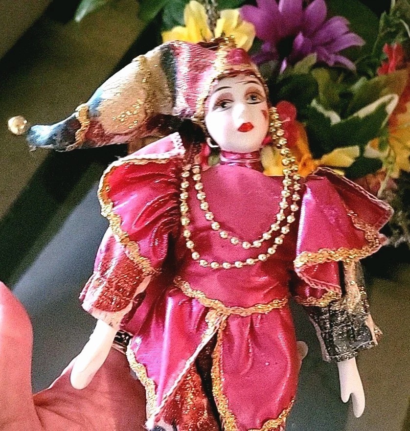 Porcelain Jester Harlequin Doll Burgundy Gold metallic Mardi Gras Clown Vintage
