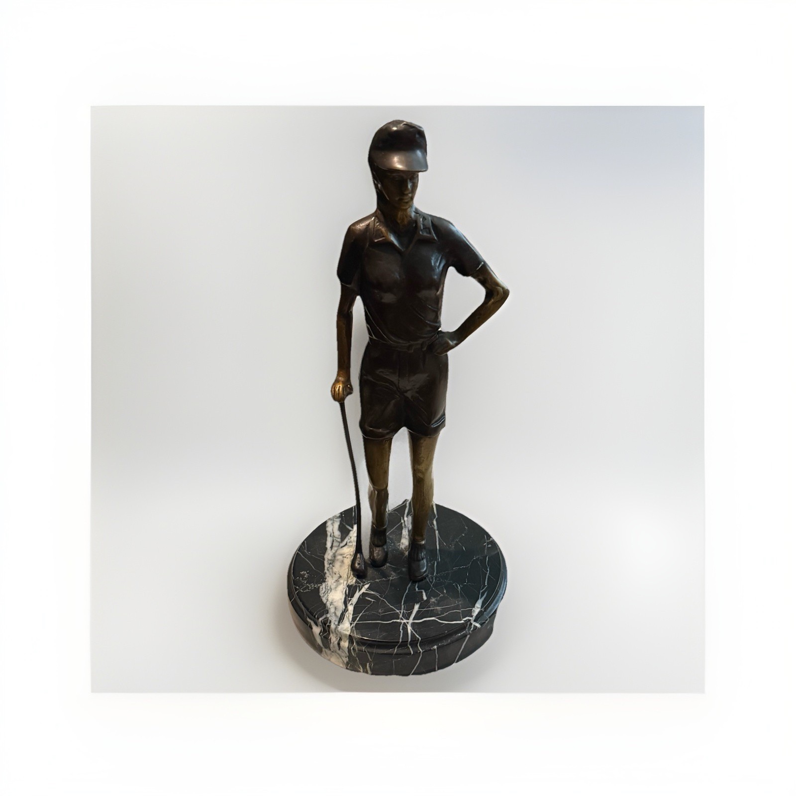 Vintage Female Golfer Statue Marble Base Bronze Golf Figurine Trophy Decor 12”