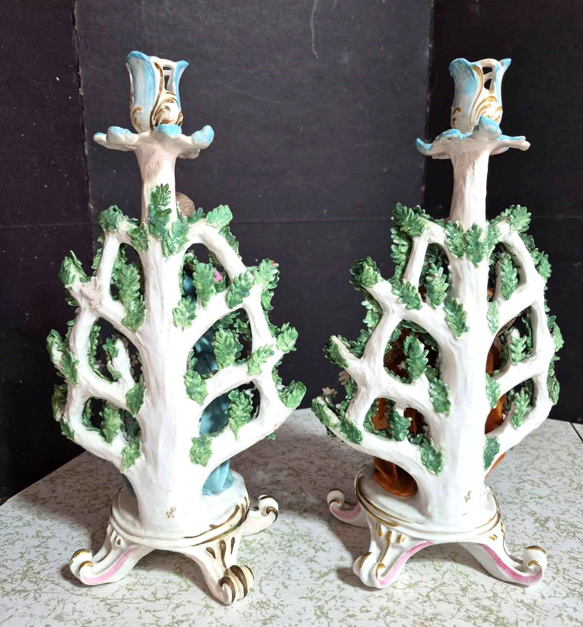 Antique English Chelsea Porcelain Figurine Couple, 13″ high. RESTORED.