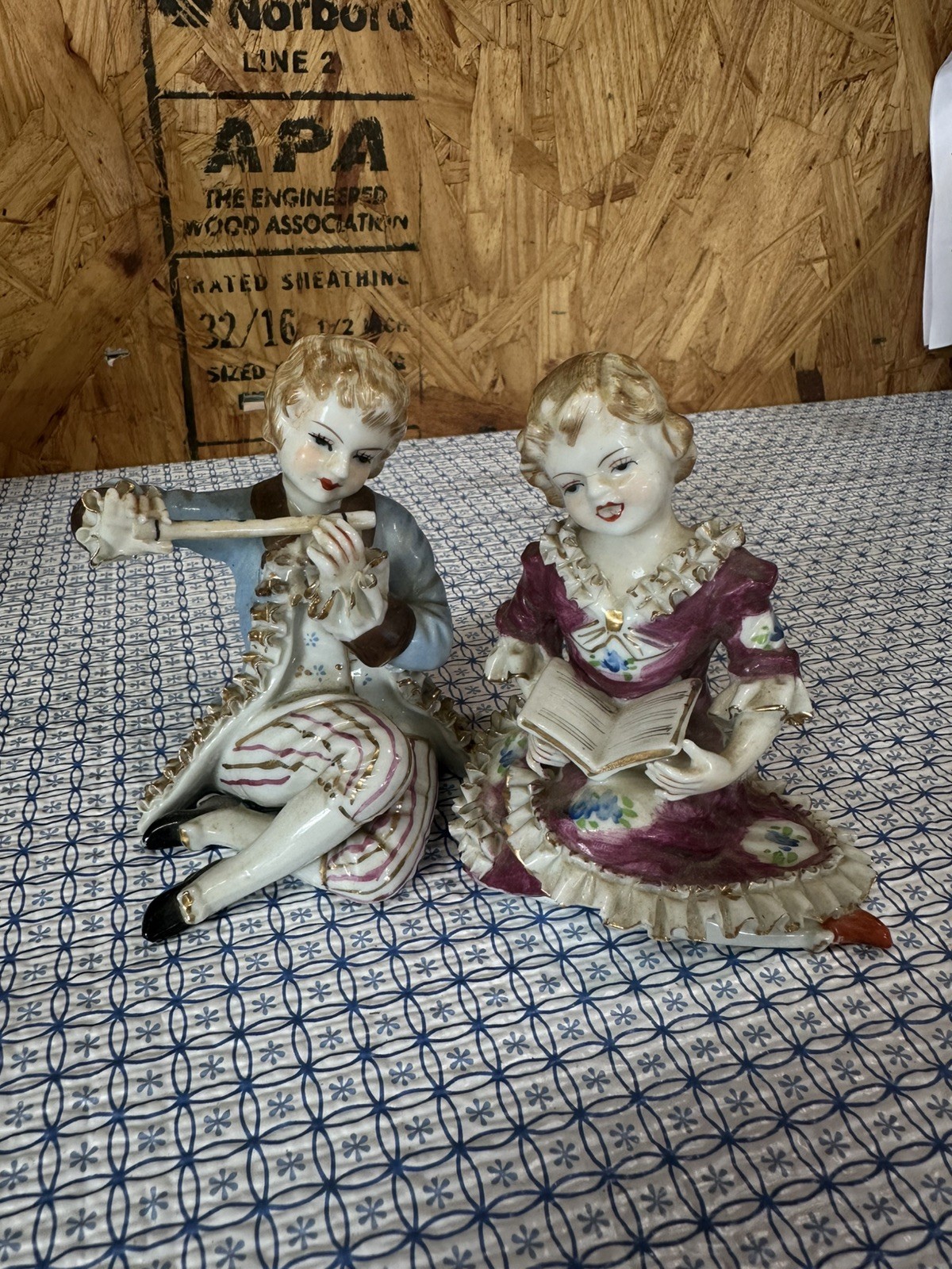 Vintage Wales Porcelain Colonial Style Boy With Flute Girl Singing 4” Cottage