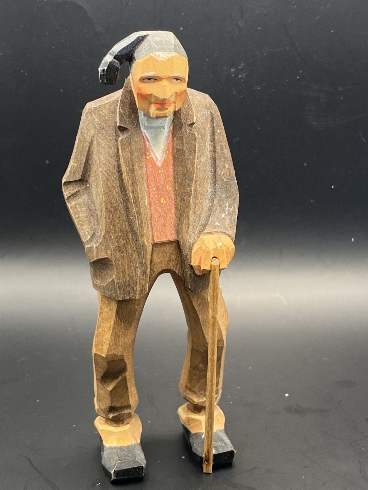 Hand Carved Wood Old Man With Cane Folk Art Figurine 5.5” Signed/Numbered