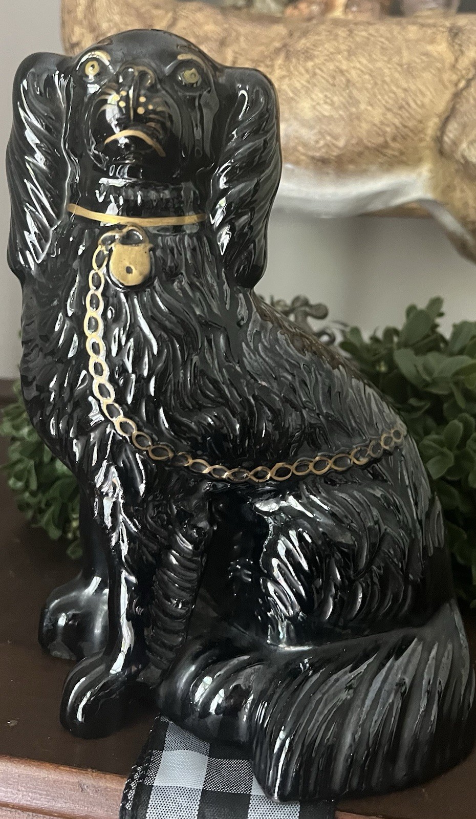 Antique Staffordshire Dog In Black Glaze With Gold Trim (Single)