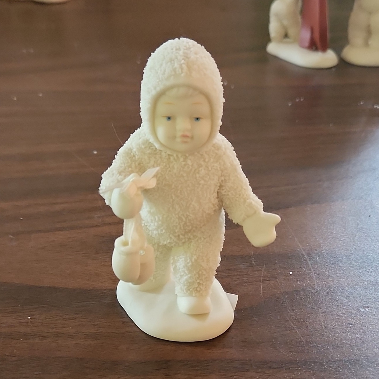 White Porcelain Baby Figurine Holding Teddy Bear on Base, Baby Theme, 2000-2009