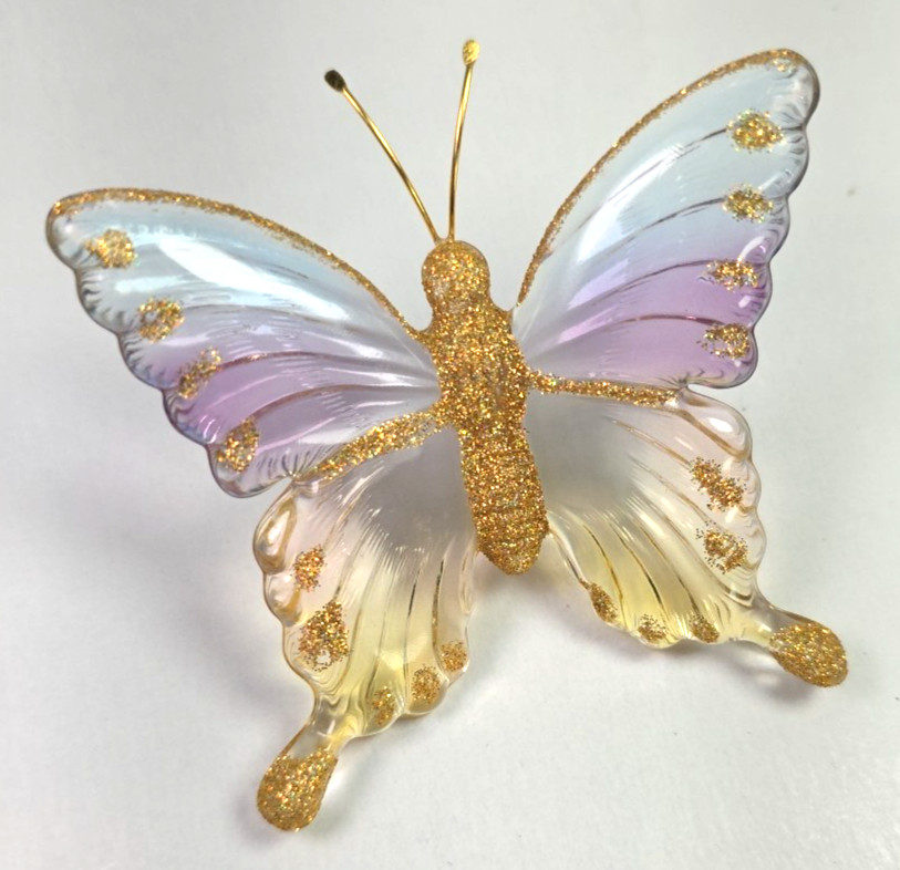 Iridescent Acrylic Butterfly Figurine w/Gold Glitter Memo Deco Jewelry Clip