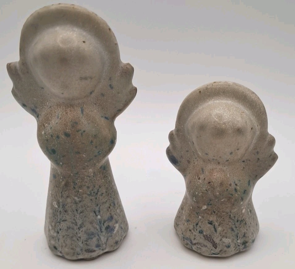 Vtg MCM Style Speckled Glazed Pottery Stone Angel Figurines Italian Spanish?