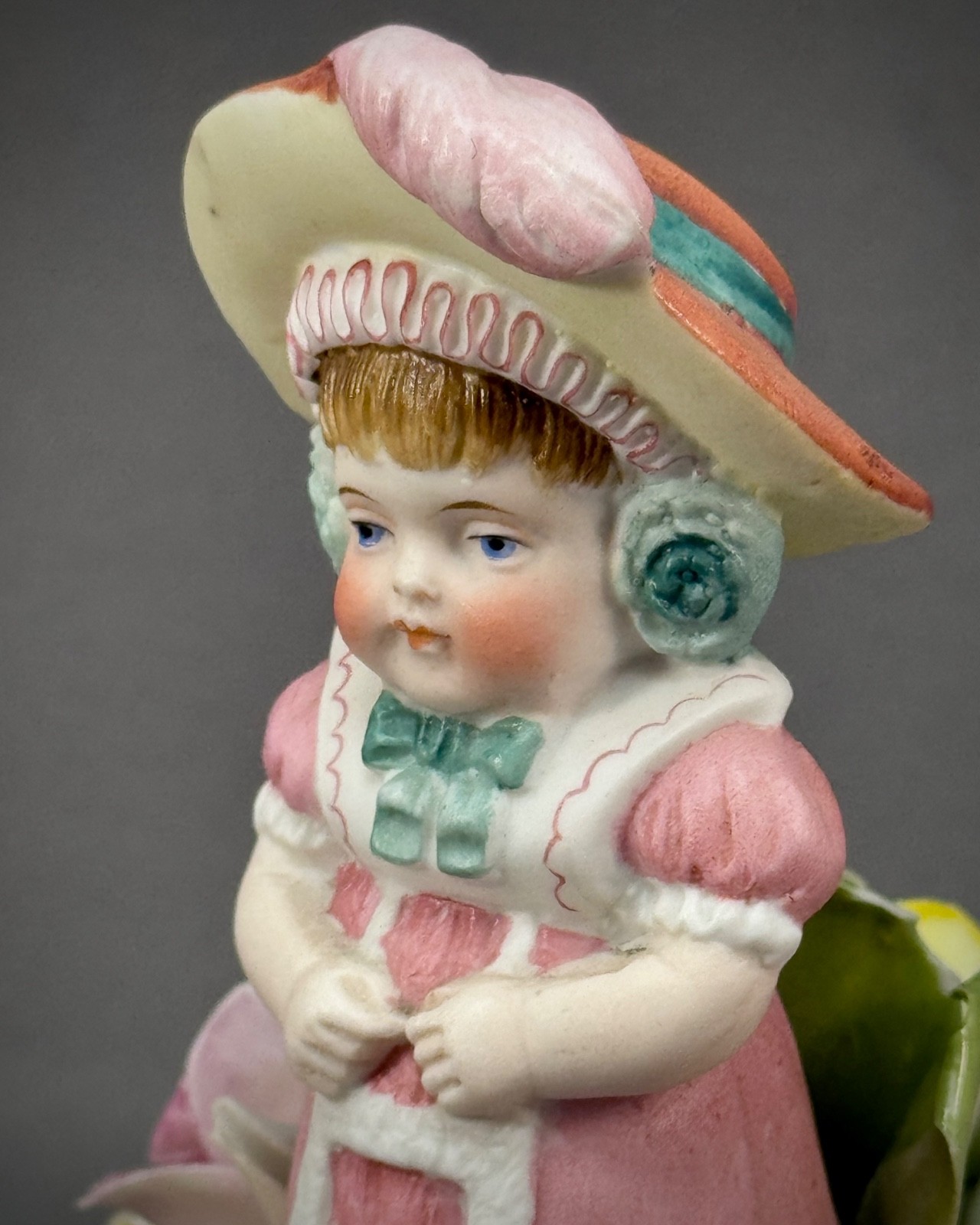 Antique German Bisque Porcelain Figure Girl Pink Dress & Hat Green Bow w Flowers