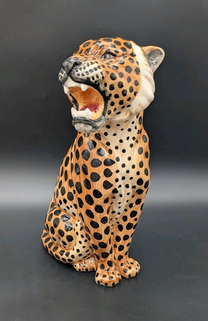 Vintage MCM Cat Sculpture Hand Painted Italian Leopard Cheetah Open Mouth 10″
