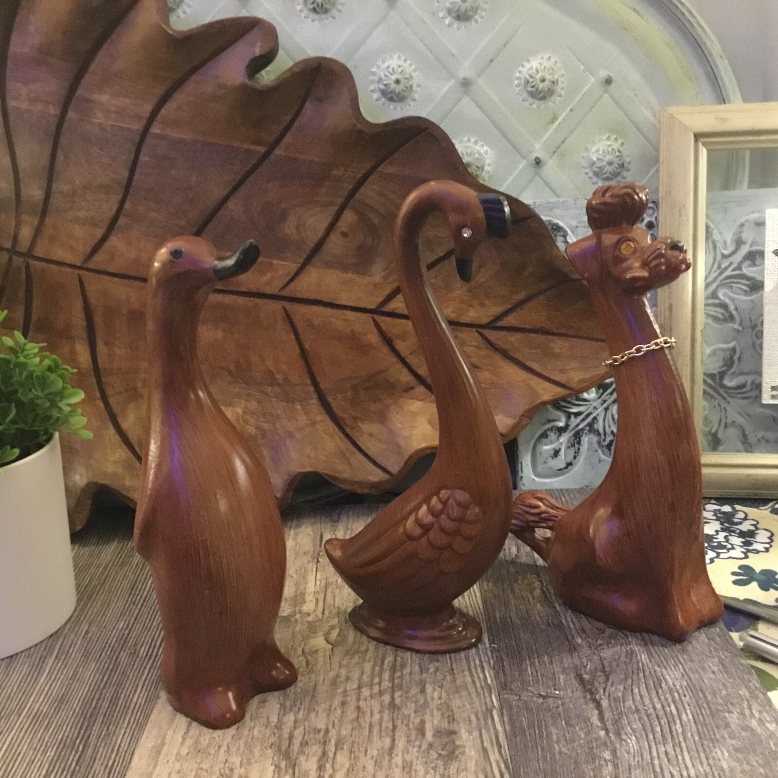 Trio MCM MID-CENTURY MODERN WOOD 1960’S POODLE Duck Swan FIGURINES Bohemian