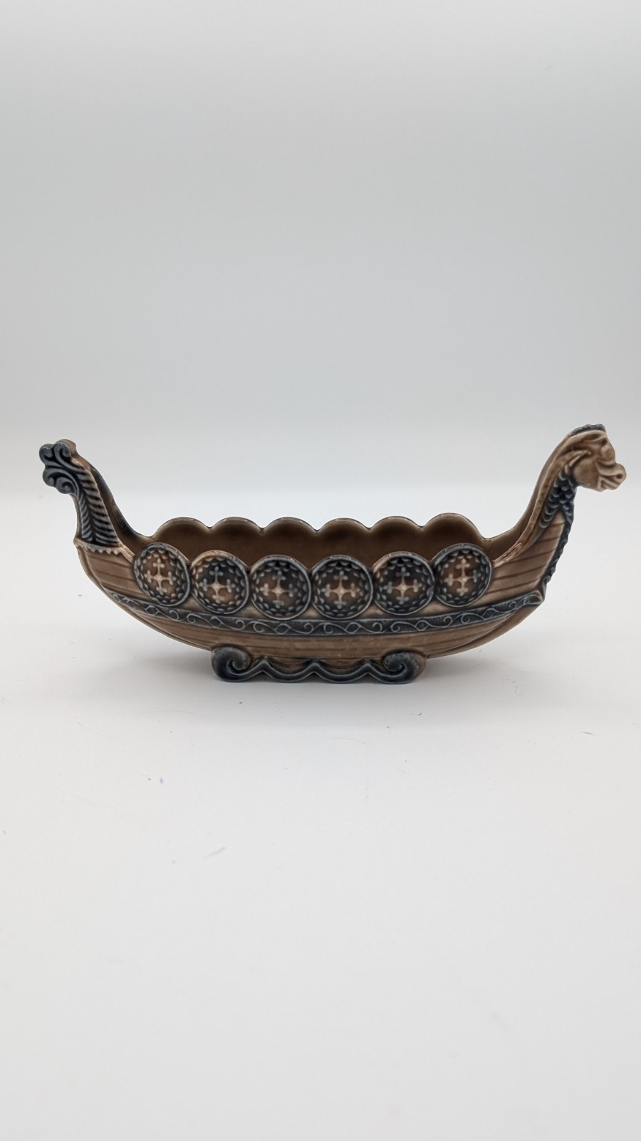Vtg Wade Porcelain Viking Ship Figure 7.5″ Boat Bowl Brown/Blue C1960s