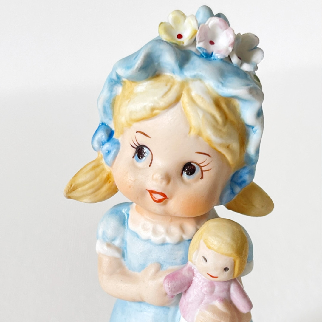 Vintage ~ Napco ~ 1956 Blue Dress Girl with Doll Figurine ~ Porcelain Bisque