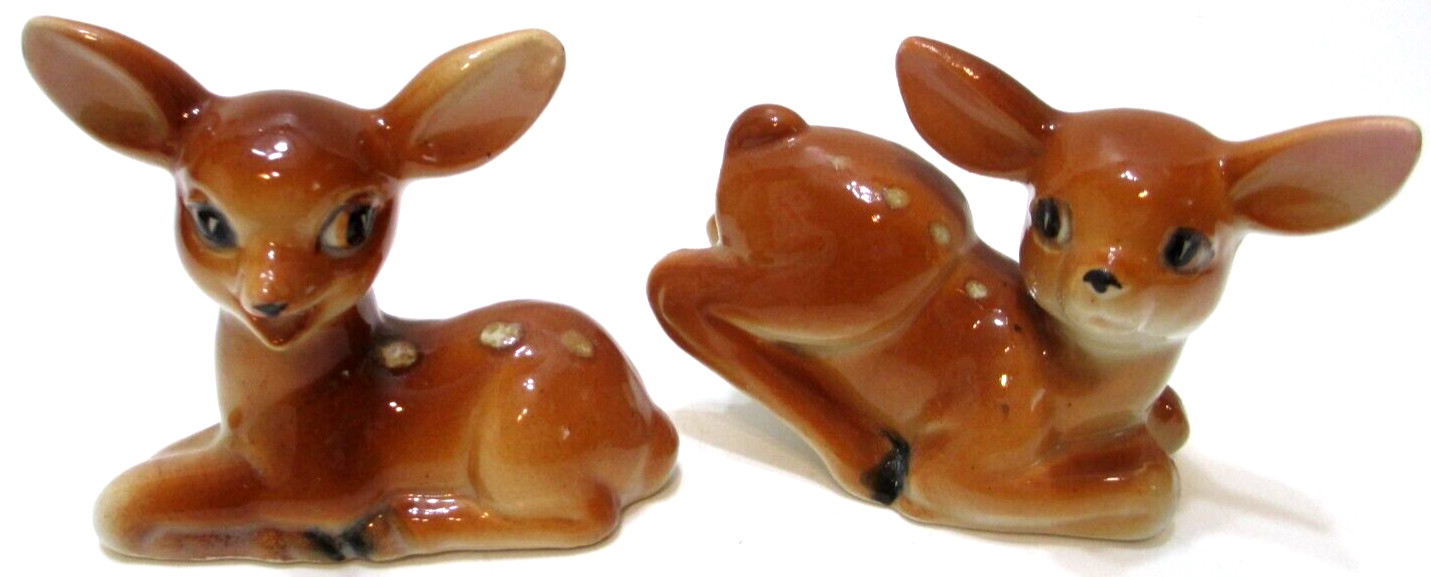 Vintage Victoria Ceramics Fawn Deer Figurines PAIR Japan 2 3/4″ and 2 1/2″ Tall