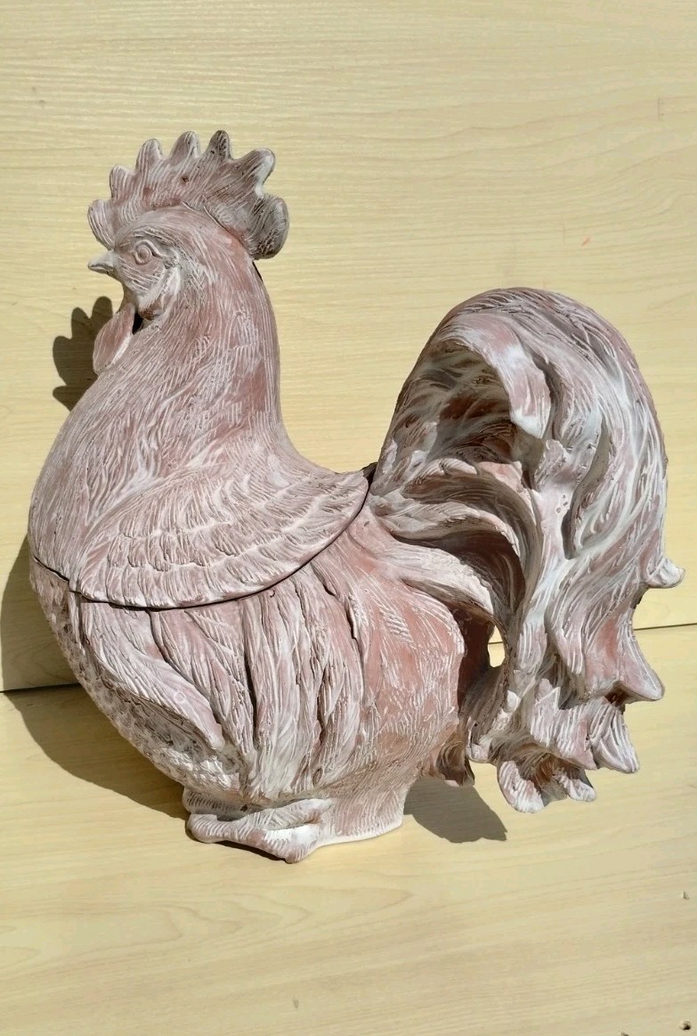 Large Vtg 1972 Italian Bisque Plaster Rooster Hen Taureen Center Piece