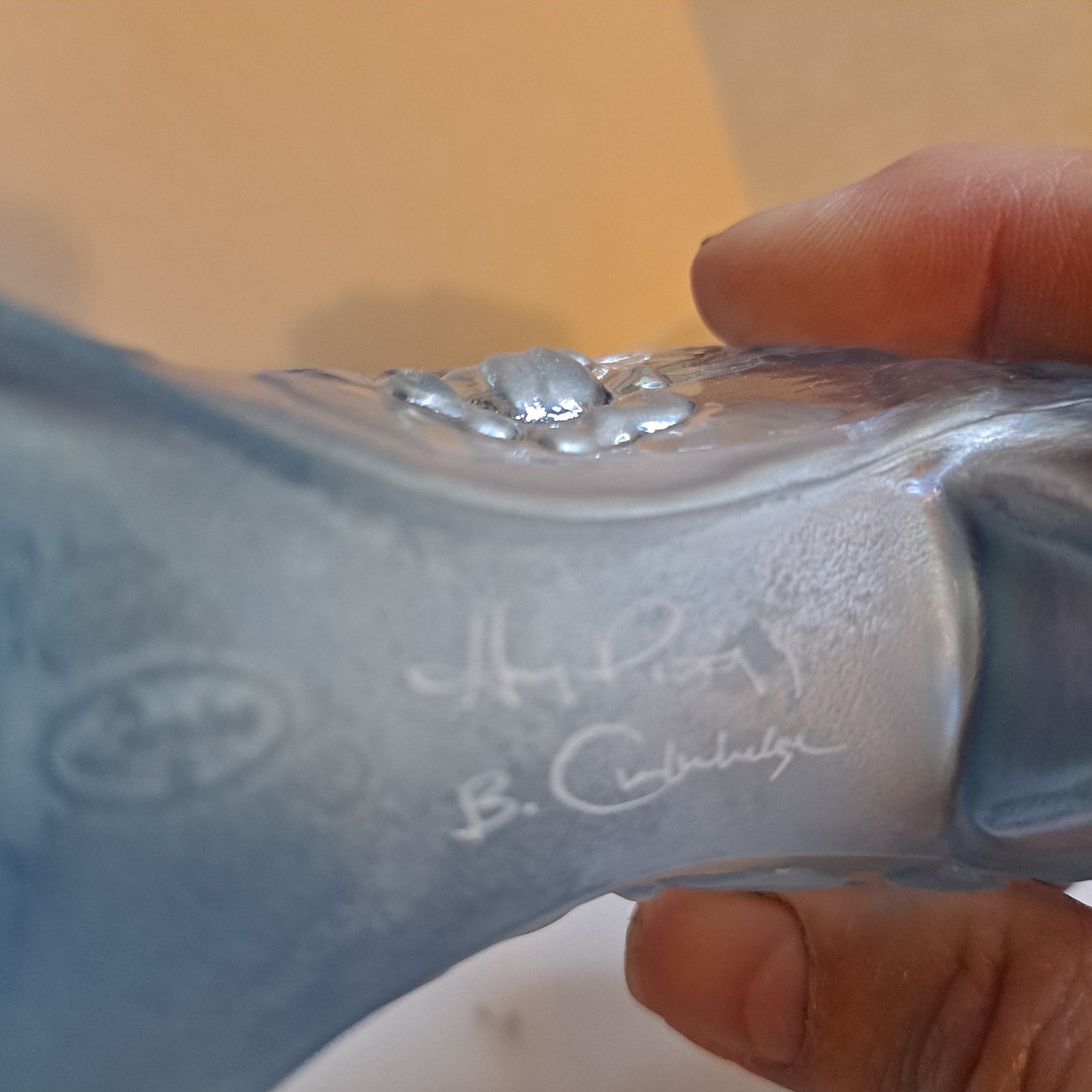 Fenton Art Glass Shoe/Slipper Iridescent Blue Hand Painted 5″