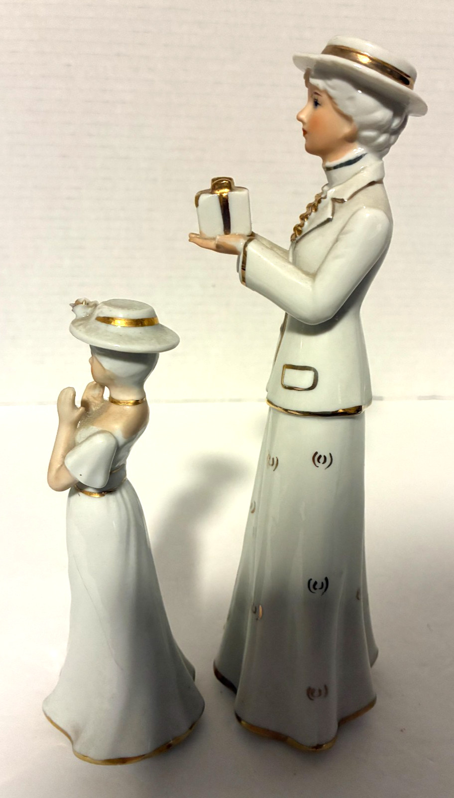 Piero Vintage Elegant Lady w/ Present and Little Girl- Gold Trimmed Figurines