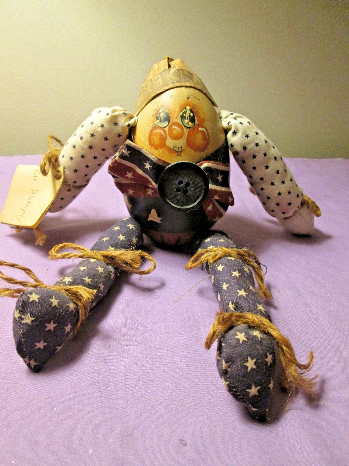 Vnt. Patriotic Humpty Dumpty Primitive Folk Art Wood & Cloth Shelf Sitter Figure