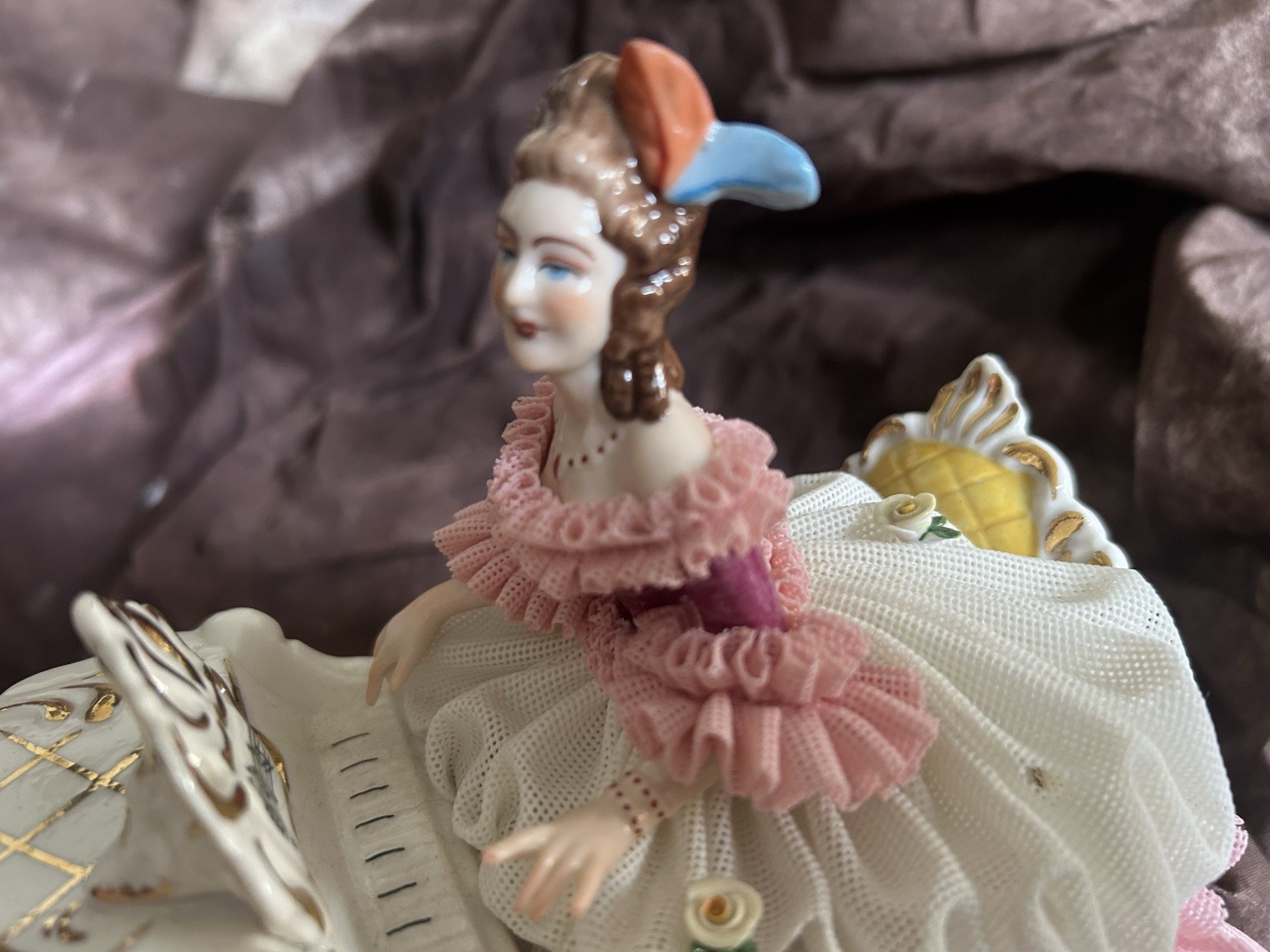 German Porcelain Dresden Lady at Piano. Dipped Pink/White Dress Numbered piece.
