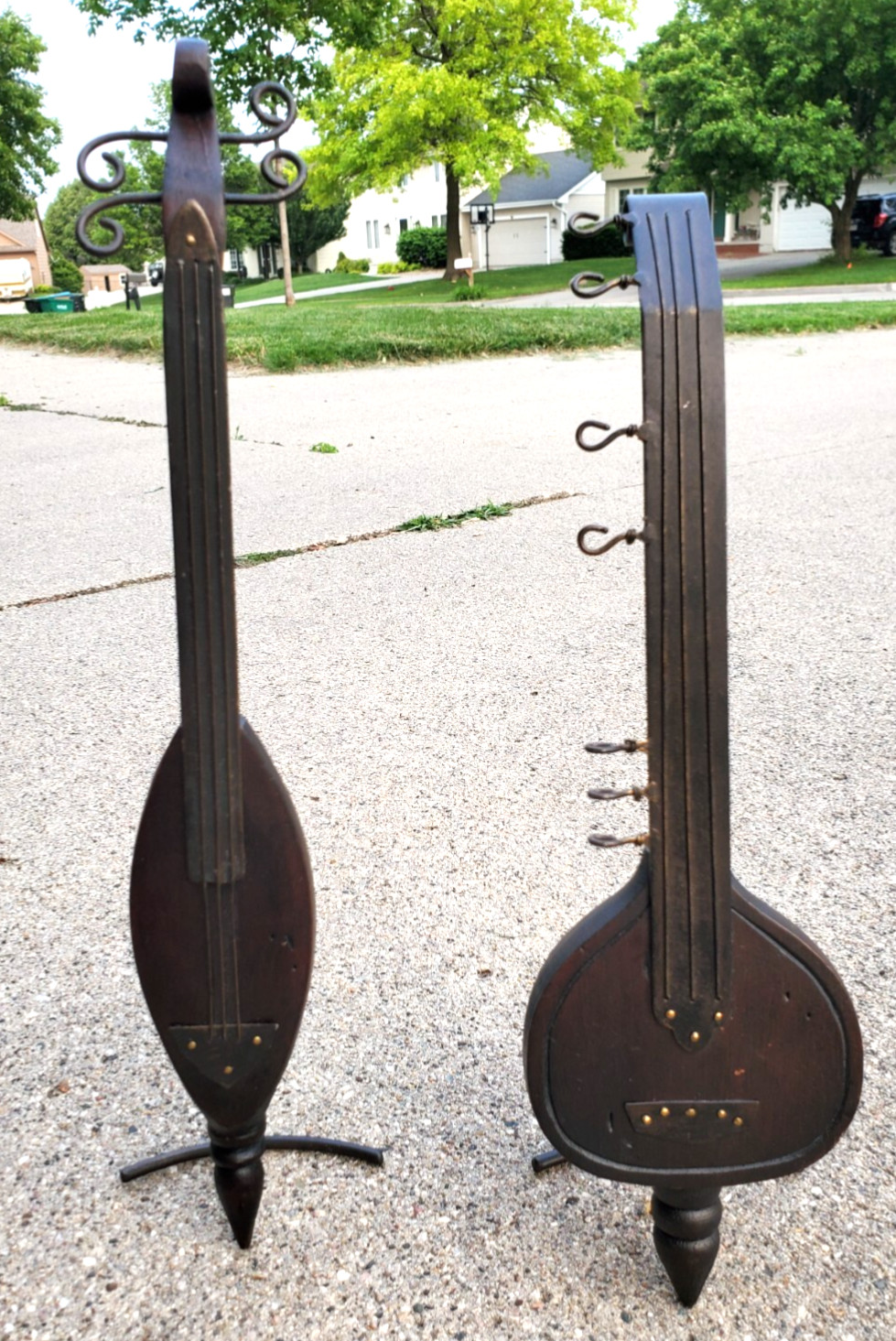 Vintage, Handmade Carved Wood/Metal Music Instrument Sculptures – Lute and Sitar