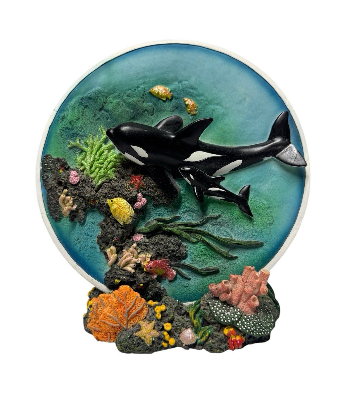 Orca Collector Plate, Marine Theme, Resin, 3D Effect, Coral Reef Stand