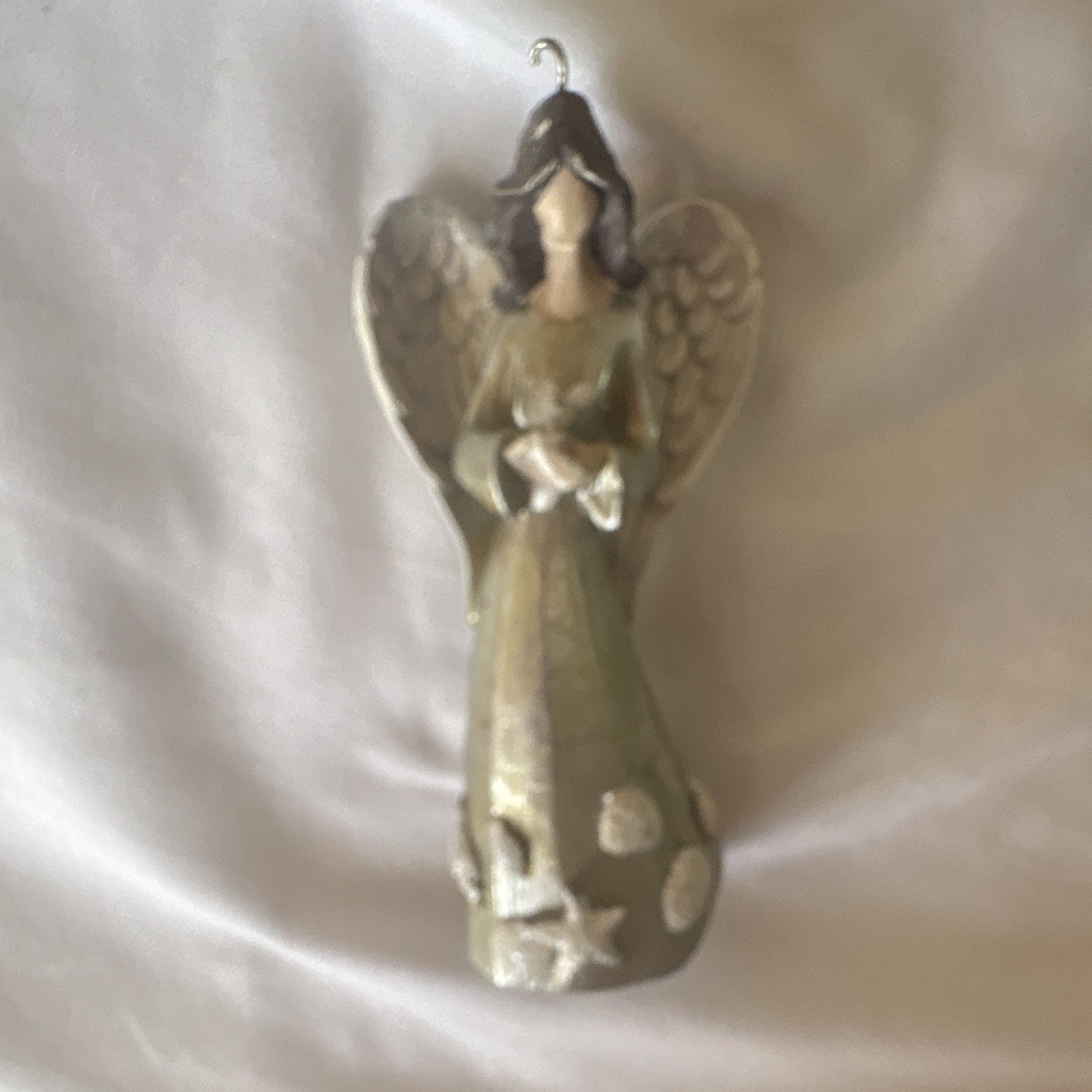 Hand Painted Angel Figurine Resin w/ Hanging Hook Green Gold White Black