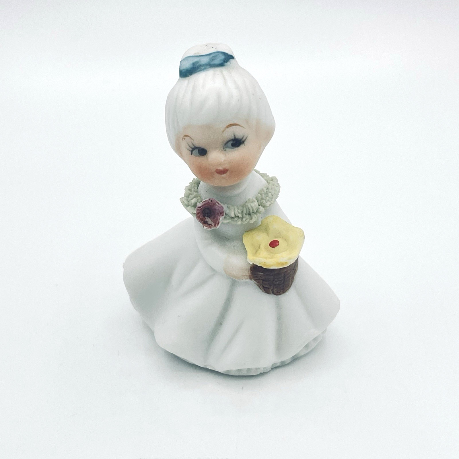 Ardco Miniature Girl Holding Flower Figurine Spaghetti Trim White Dress Vintage