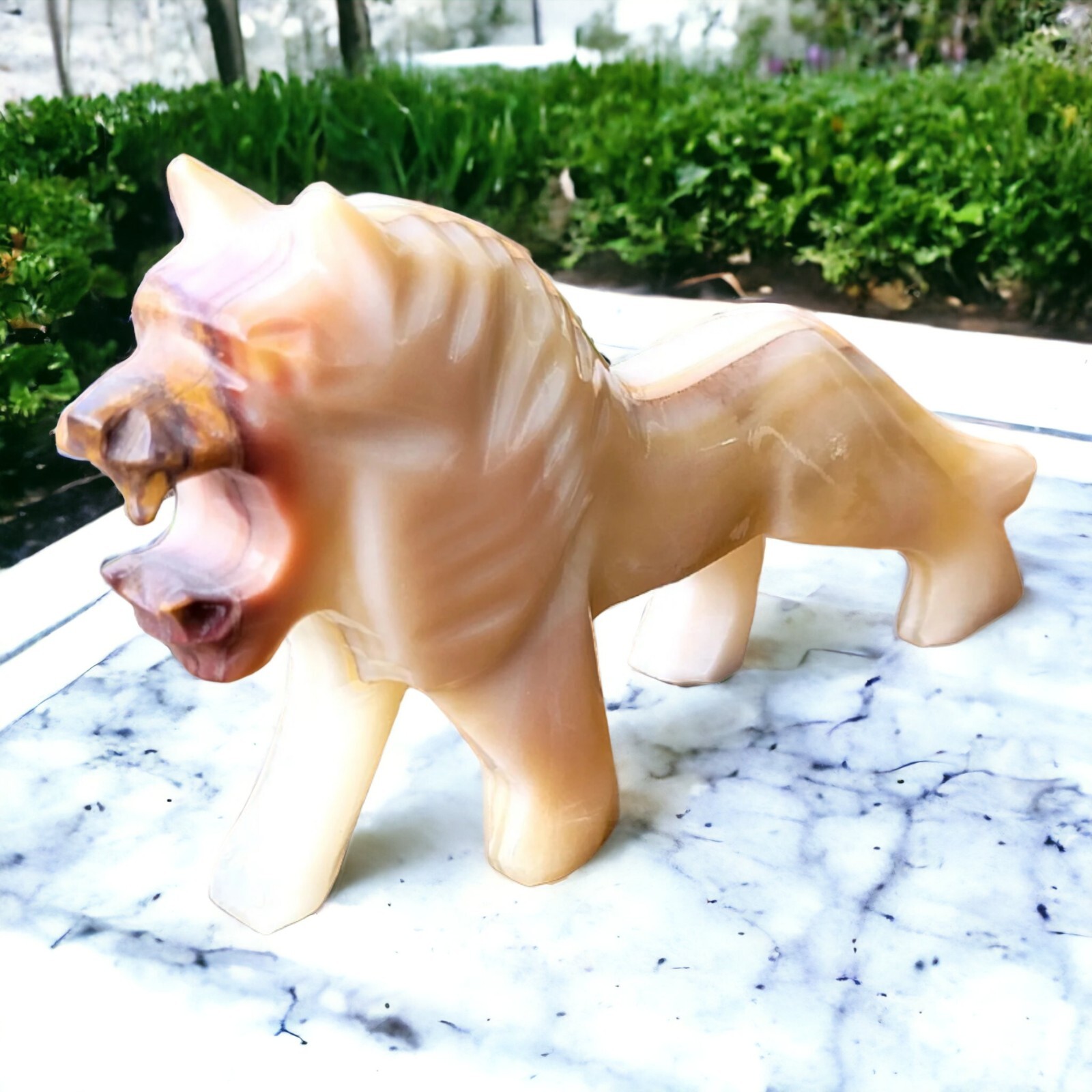 Vintage Hand Carved Alabaster Lion Sculpture Figure 6×3.5″ Mid-Century Italy