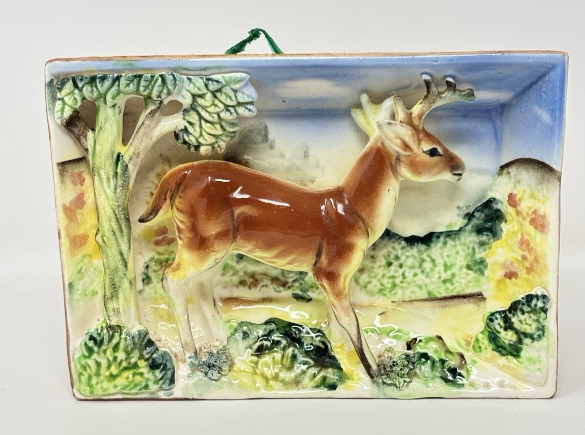 Handpainted 3D Wall Shadow Box Ceramic Buck Deer Woods Artmart Originals