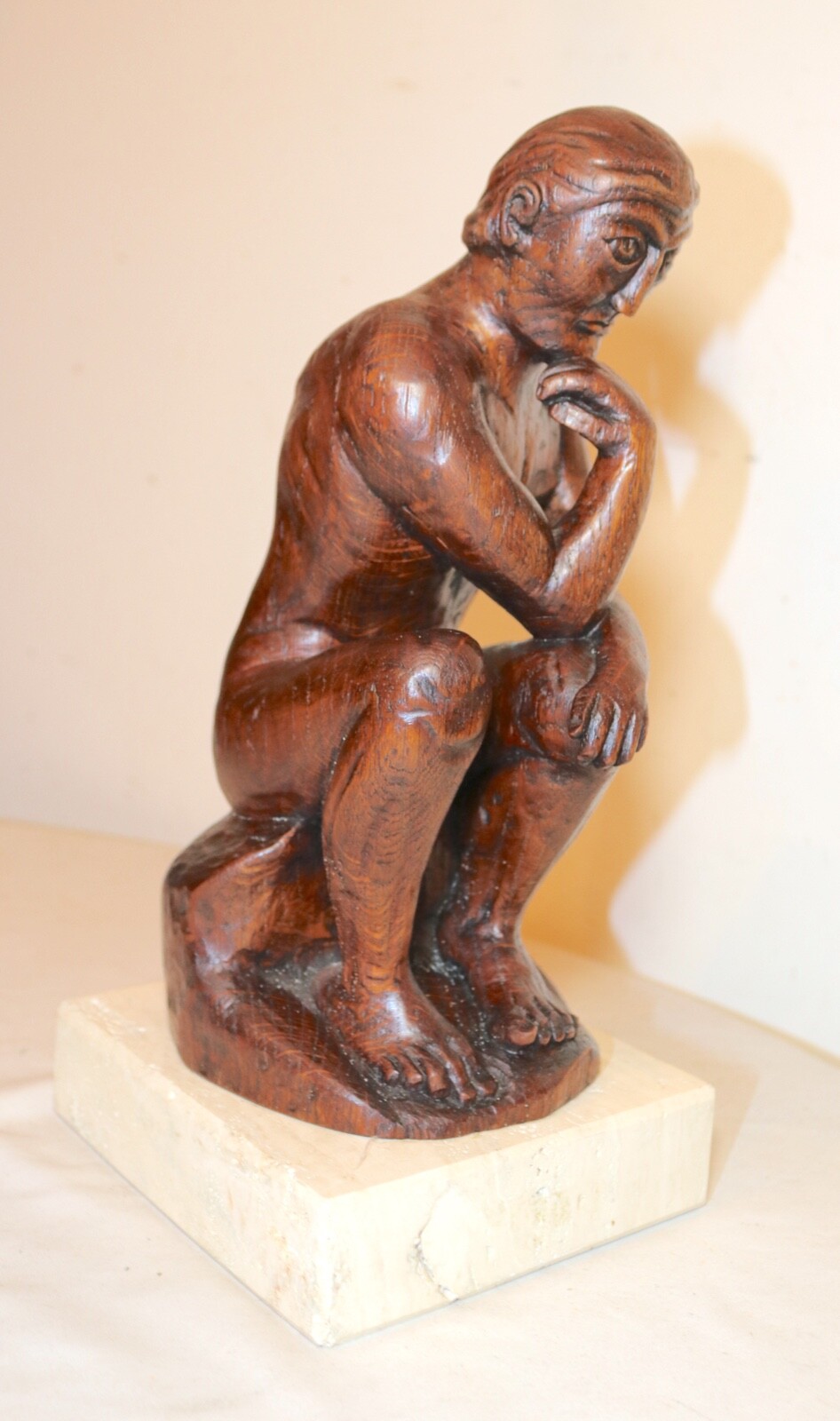 antique 1800’s Folk Art hand carved wood figural thinking man sculpture statue