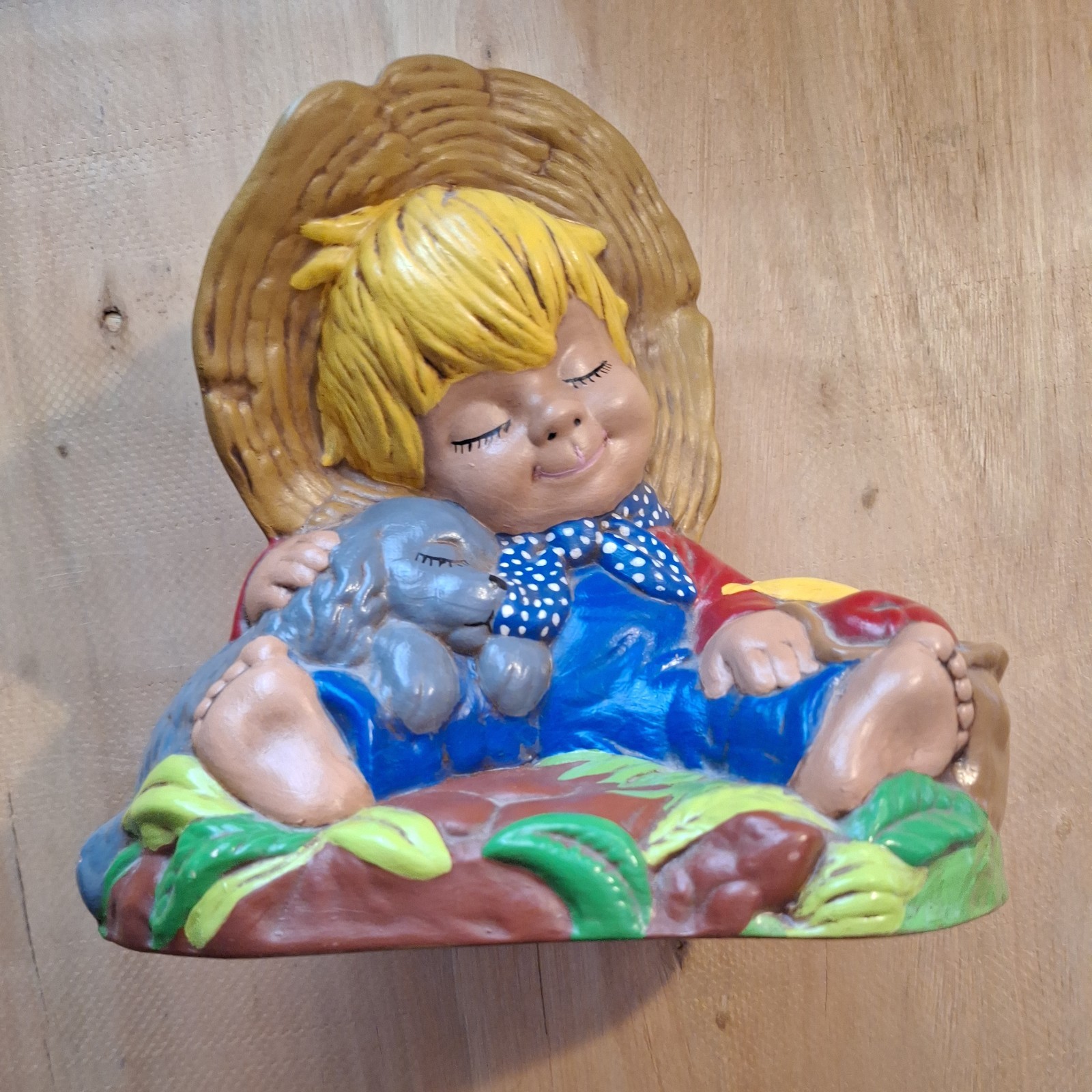 Vtg 1973 Ceramic Blonde Farmer napping with Dog Decor
