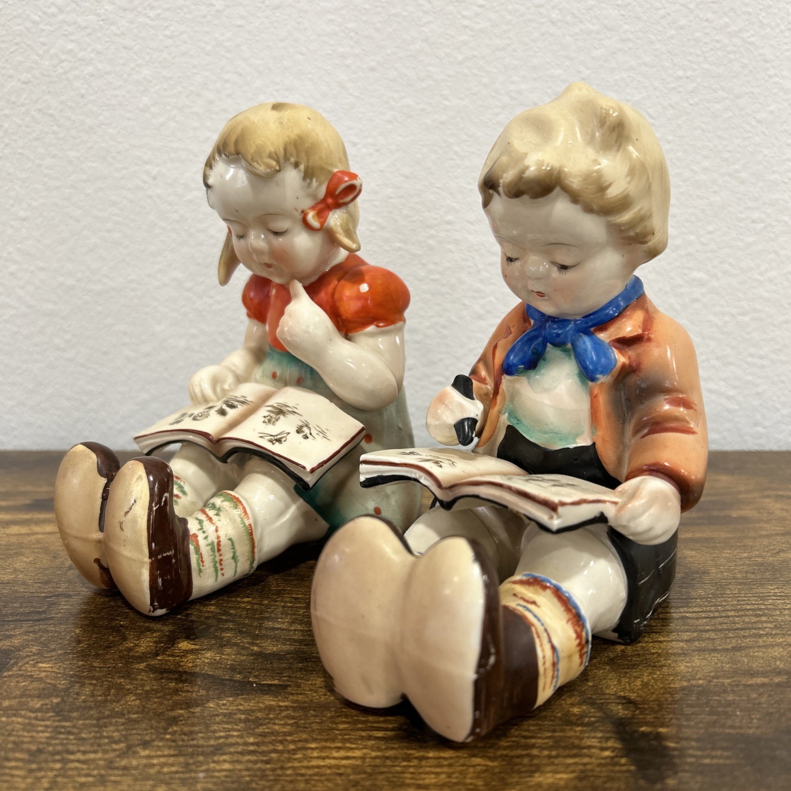 Vintage MCM Hummel Style Bookworm Boy & Girl Bookends Made In Japan