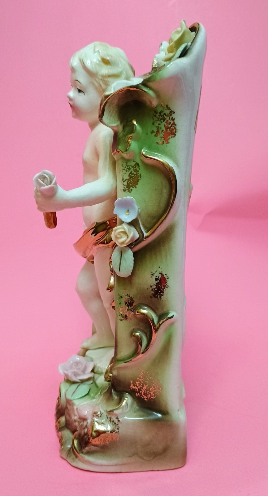 Vintage Bisque Cherub Putti Figurine Vase Hand Painted Porcelain Japan