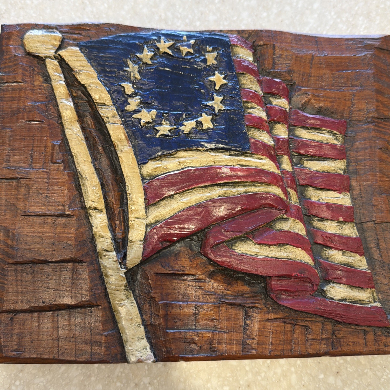 Vintage Americana – Folkart American Flag – Wavy Wood Carving Betsy Ross