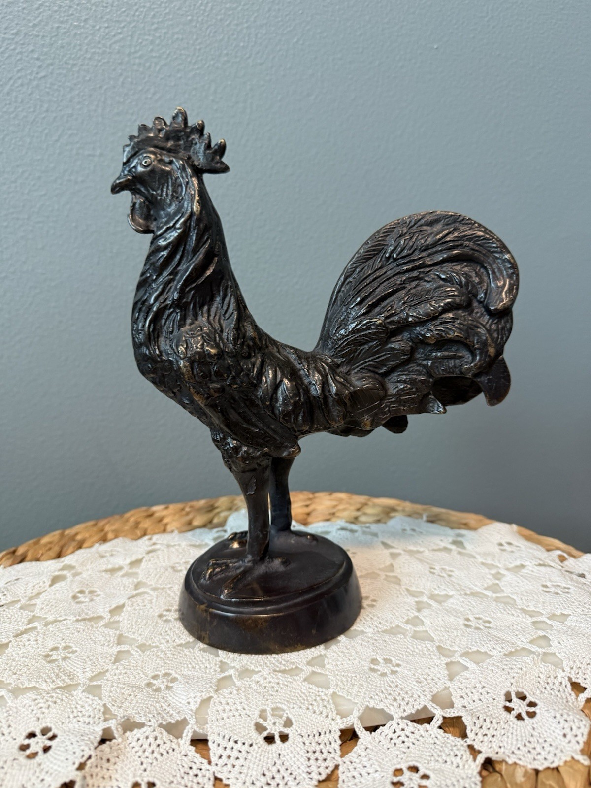 Vintage Cast Bronze Rooster Sculpture Split Tail Farmhouse Country Decor 9.5”